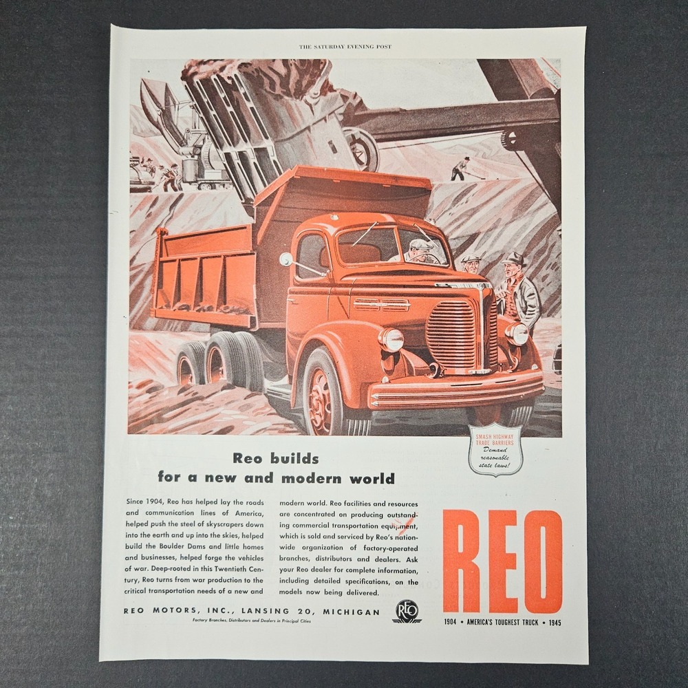 1945 REO Motors Inc Vintage‎ Print Ad America's Toughest Truck Lansing MI Dump